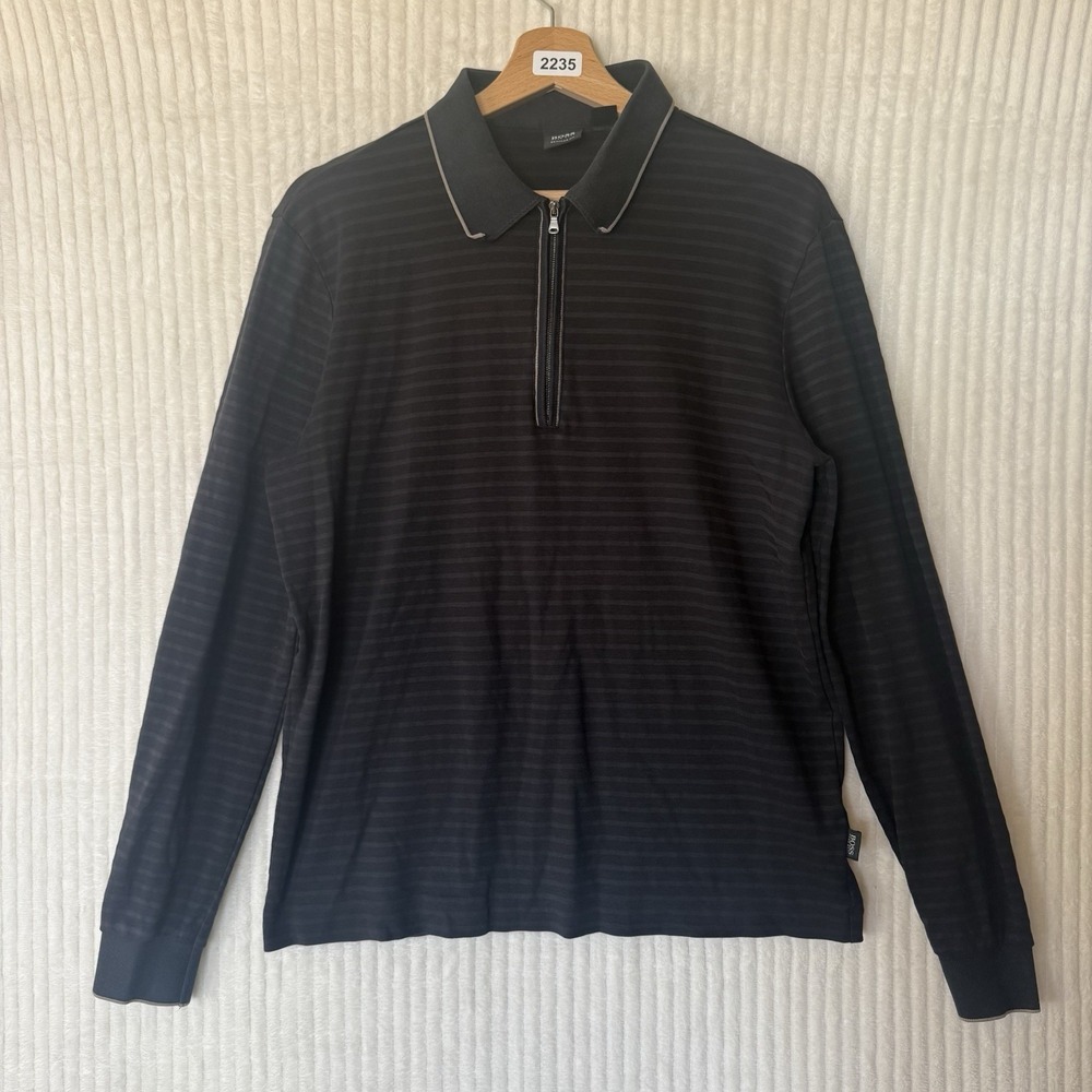 Hugo Boss Black Striped Quarter Zip Long Sleeve Polo Regular Fit Size Medium